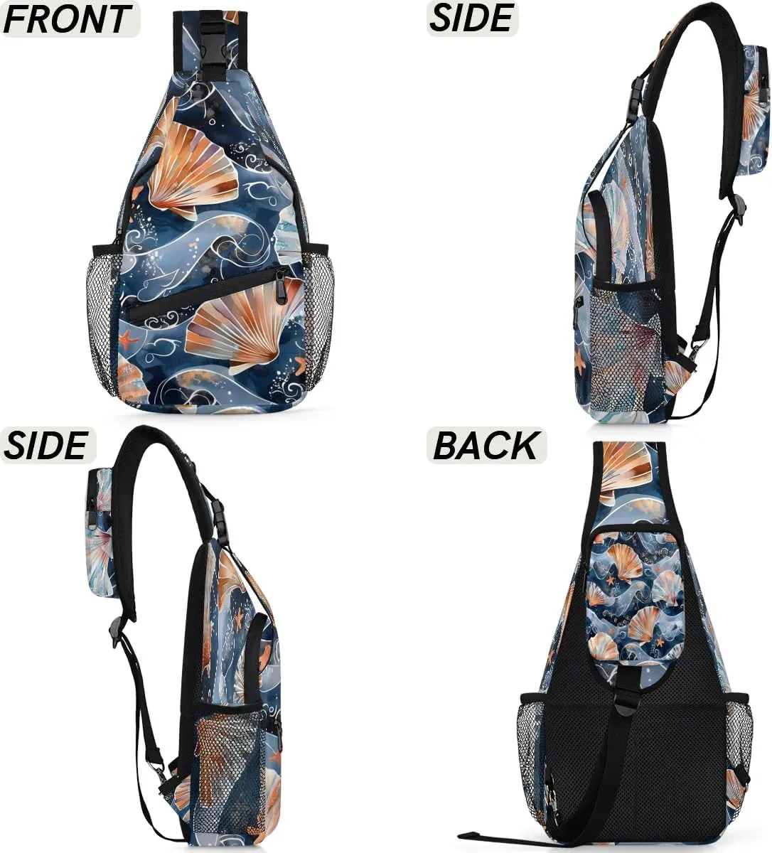 Nautical Sling Bag for Women Men Fanny Pack Small Sling Backpack Seashells Crossbody Bag Chest Bag Casual Daypack for Work Travel Hiking