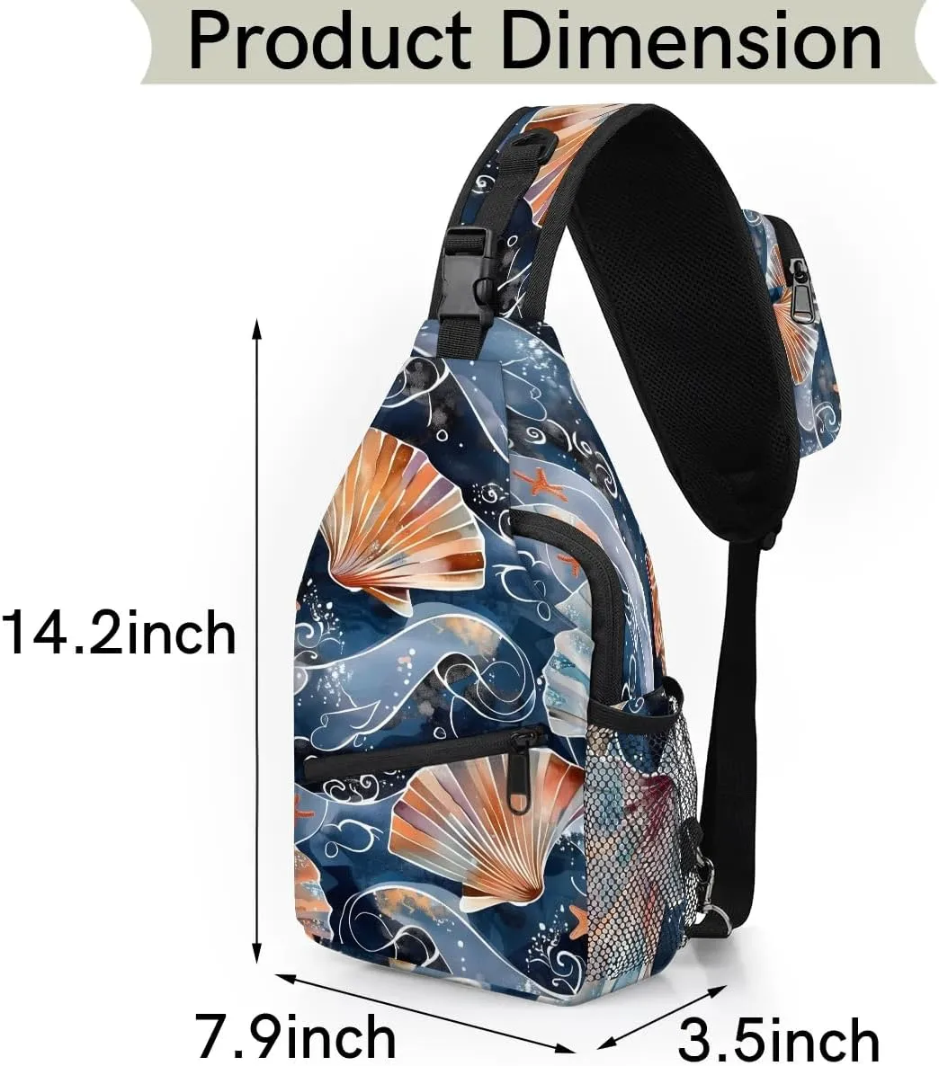 Nautical Sling Bag for Women Men Fanny Pack Small Sling Backpack Seashells Crossbody Bag Chest Bag Casual Daypack for Work Travel Hiking