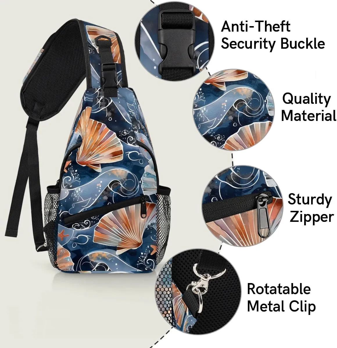 Nautical Sling Bag for Women Men Fanny Pack Small Sling Backpack Seashells Crossbody Bag Chest Bag Casual Daypack for Work Travel Hiking