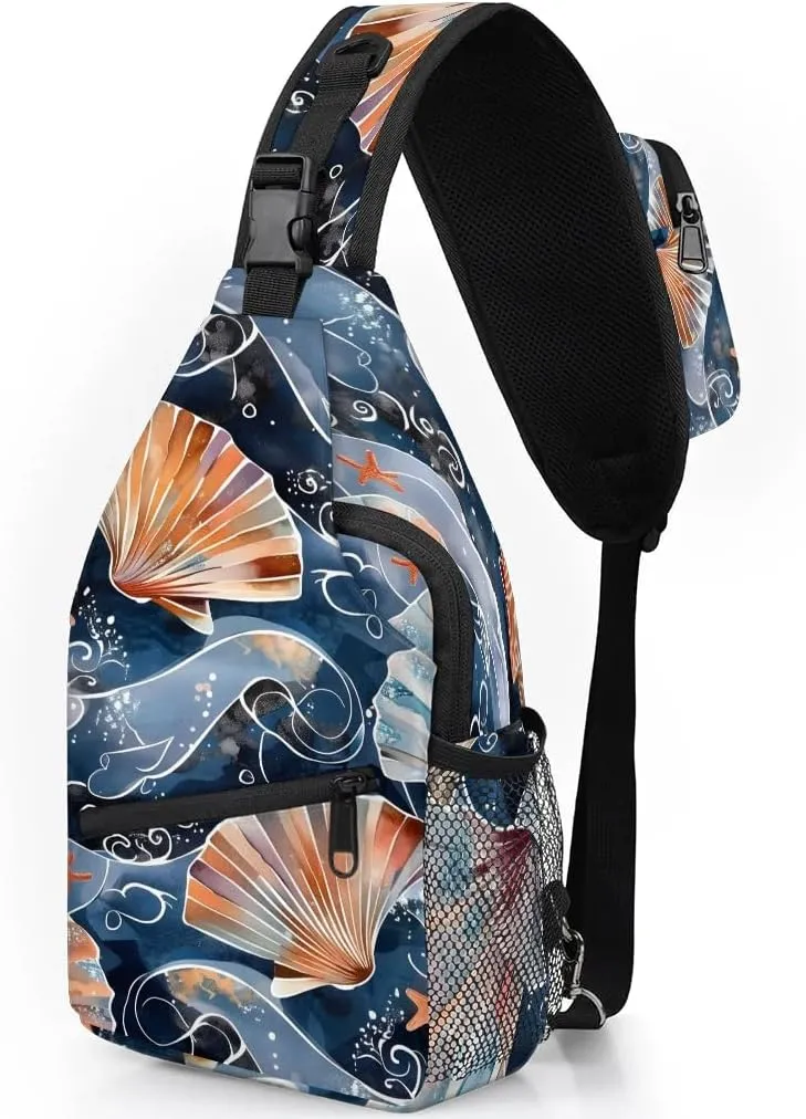 Nautical Sling Bag for Women Men Fanny Pack Small Sling Backpack Seashells Crossbody Bag Chest Bag Casual Daypack for Work Travel Hiking