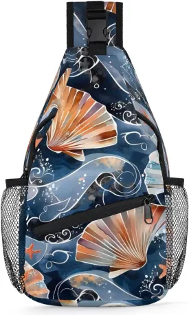 Nautical Sling Bag for Women Men Fanny Pack Small Sling Backpack Seashells Crossbody Bag Chest Bag Casual Daypack for Work Travel Hiking