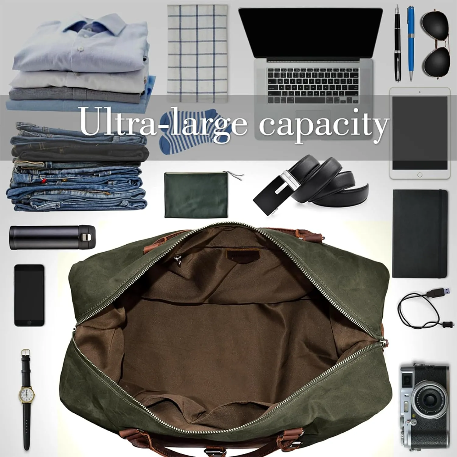 Oversized Travel Duffel Bag Waterproof Canvas Genuine Leather Weekend bag Weekender Overnight Carryon Hand Bag, Dark Green