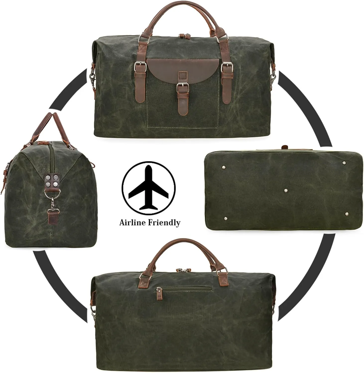 Oversized Travel Duffel Bag Waterproof Canvas Genuine Leather Weekend bag Weekender Overnight Carryon Hand Bag, Dark Green