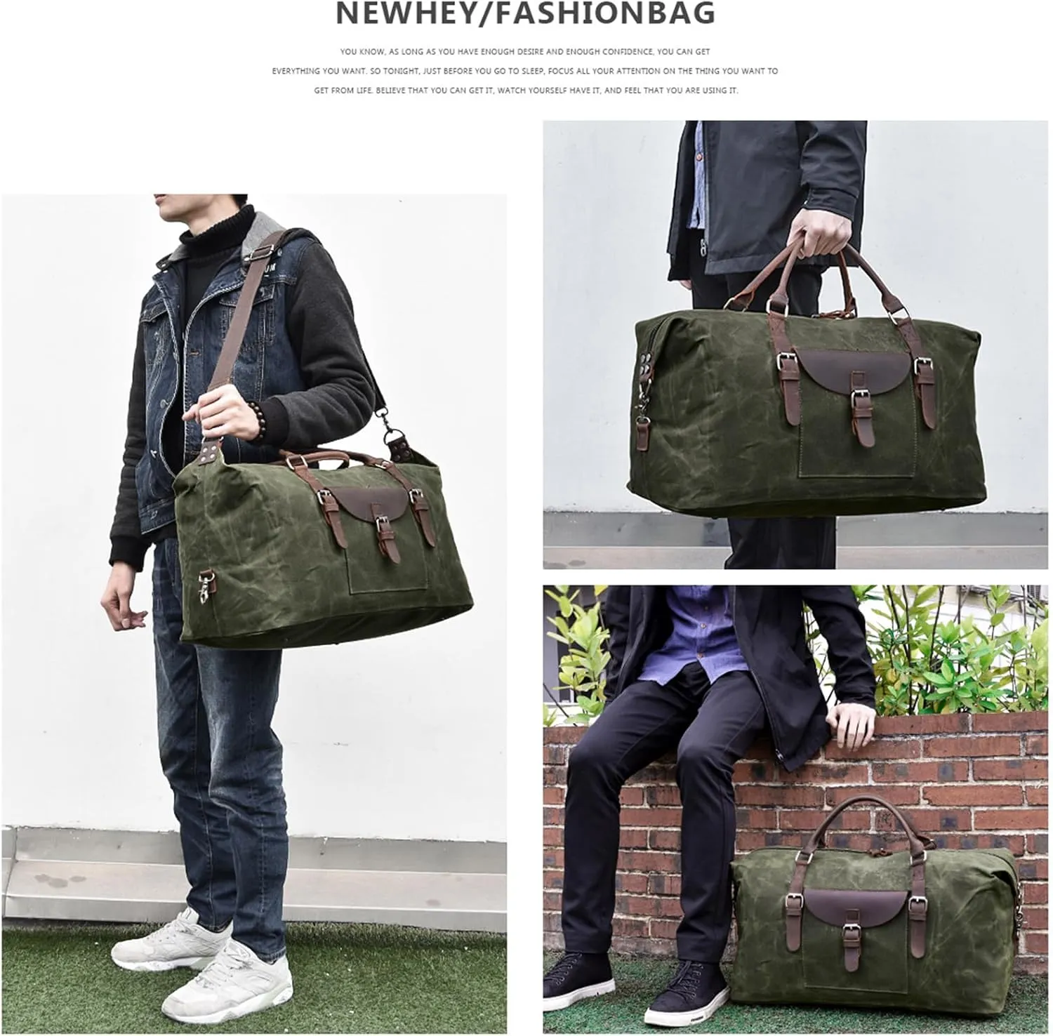 Oversized Travel Duffel Bag Waterproof Canvas Genuine Leather Weekend bag Weekender Overnight Carryon Hand Bag, Dark Green