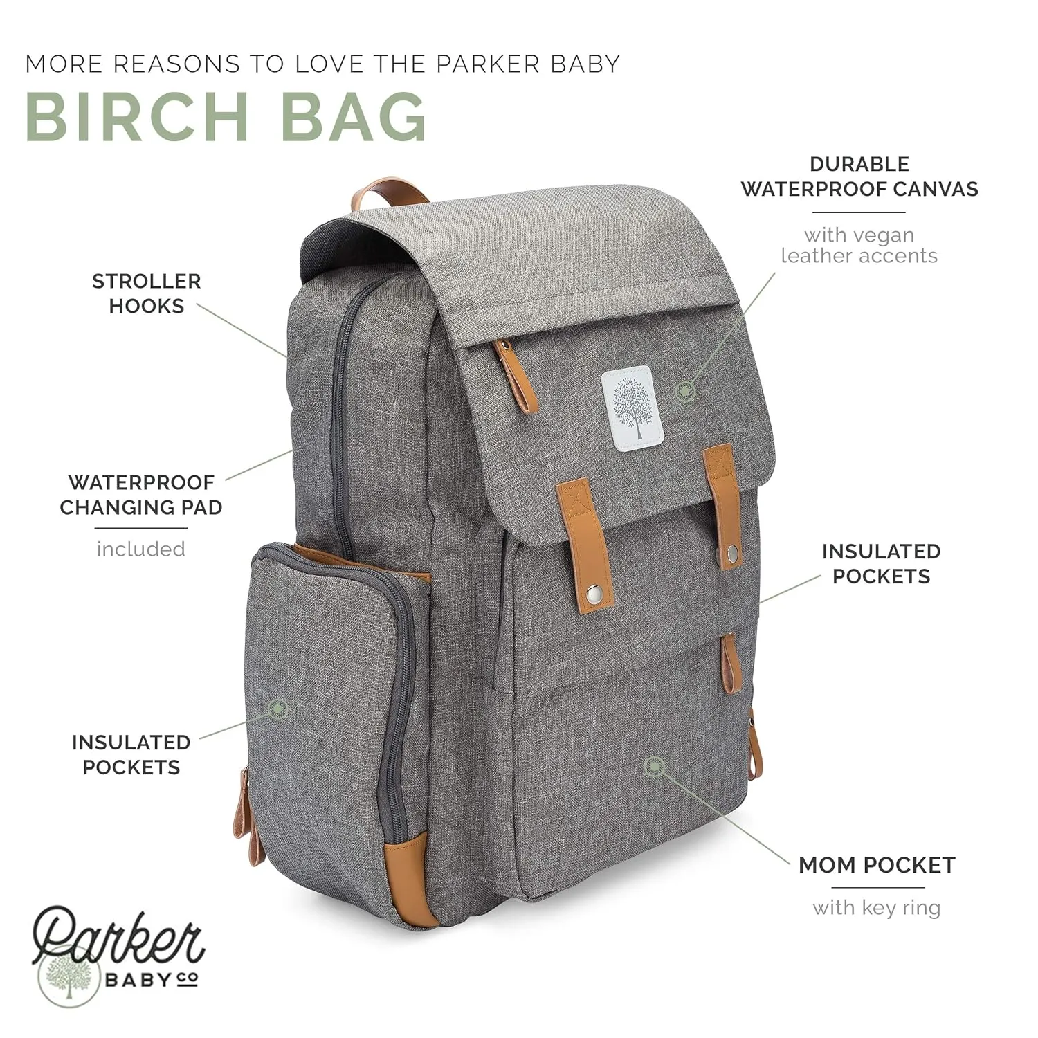 Parker Baby Co. Diaper Backpack - Large Diaper Bag with Insulated Pockets, Stroller Straps and Changing Pad -Birch Bag - Gray