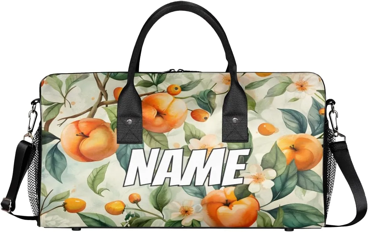 Personalized Peach Tree Travel Duffel Bag with Name, Custom Gym Sport Bags Vintage Branch Carry On Weekend Overnight Duffel Bag for Men Women