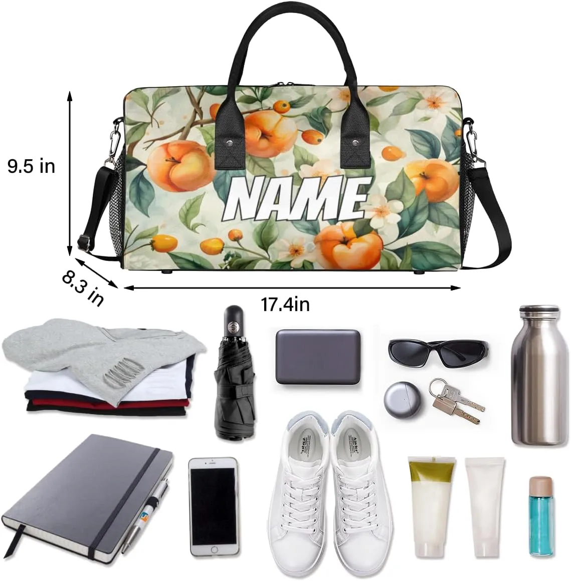 Personalized Peach Tree Travel Duffel Bag with Name, Custom Gym Sport Bags Vintage Branch Carry On Weekend Overnight Duffel Bag for Men Women