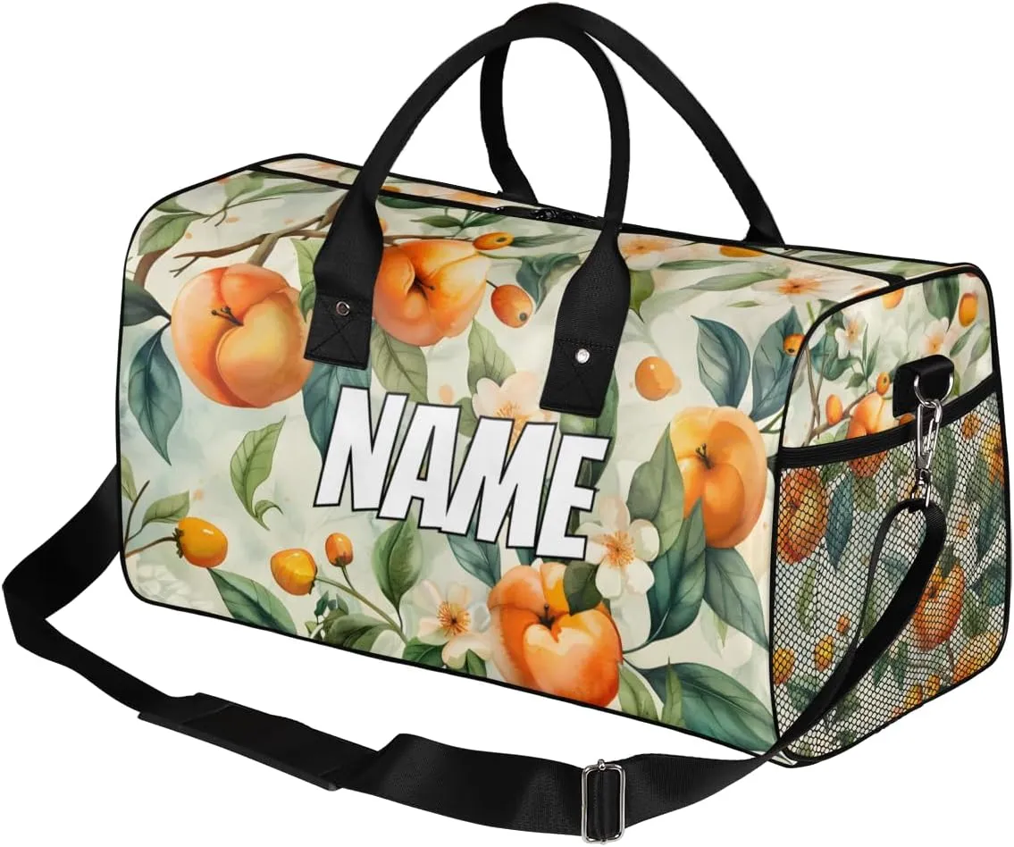 Personalized Peach Tree Travel Duffel Bag with Name, Custom Gym Sport Bags Vintage Branch Carry On Weekend Overnight Duffel Bag for Men Women