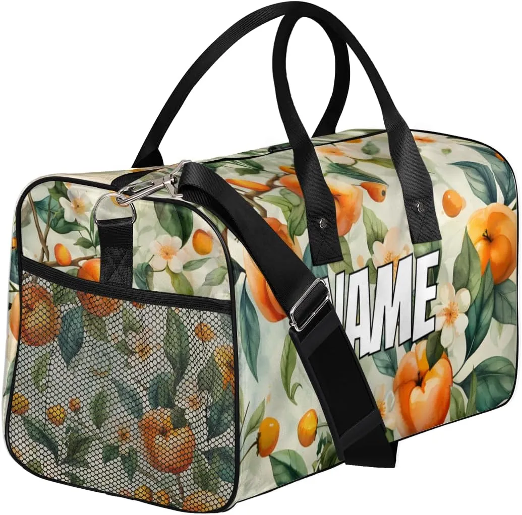 Personalized Peach Tree Travel Duffel Bag with Name, Custom Gym Sport Bags Vintage Branch Carry On Weekend Overnight Duffel Bag for Men Women