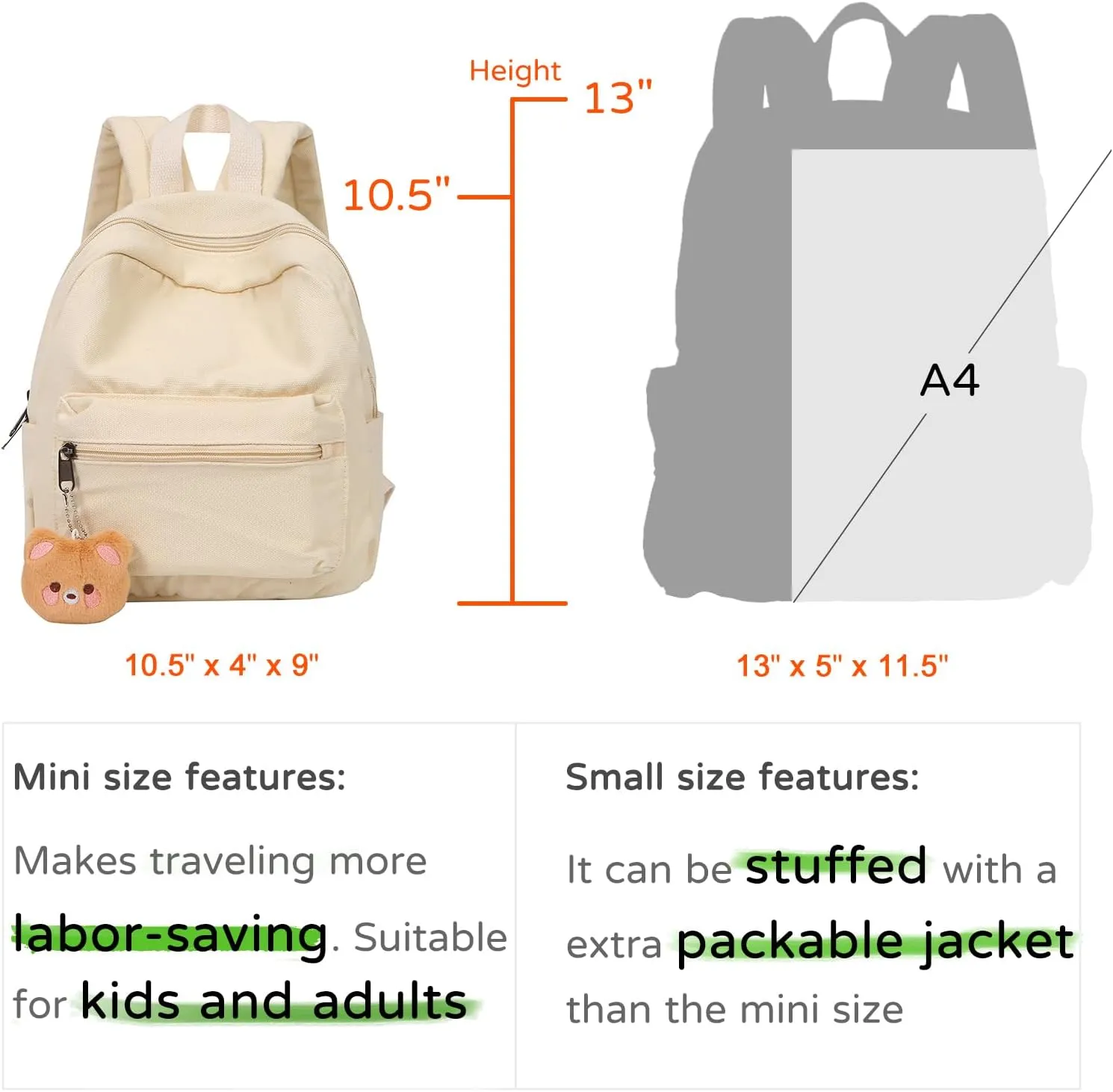 Phaoullzon Girls Mini Backpack Purse for Women Kids Canvas Small Casual Daypack Tiny Cute Travel Bag,Beige