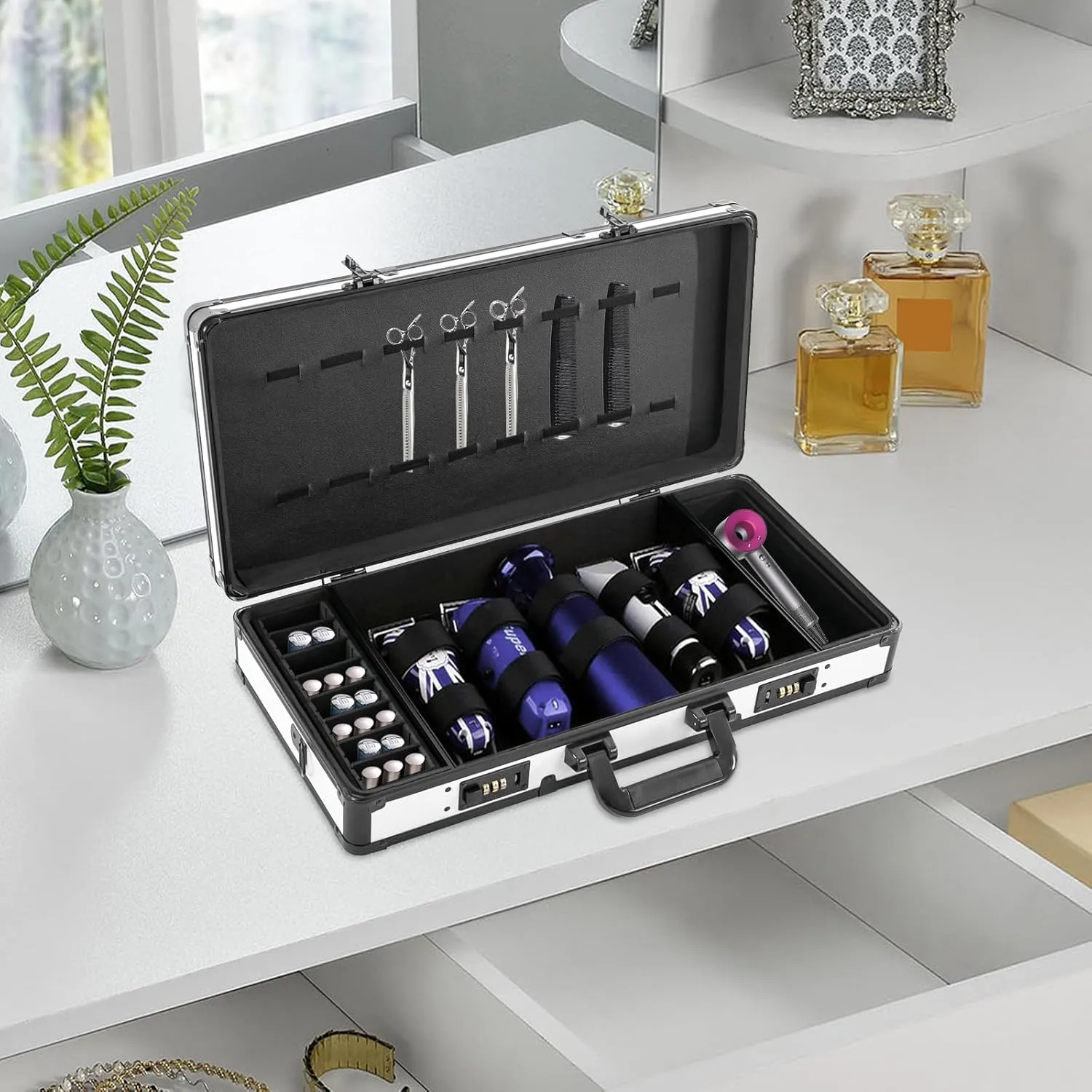 Professional Barber Carrying Case with Code Lock, Hairdresser Tool Box Organizer Traveling Case, Portable Travel Barber Suitcase for Hair Stylist Pet Groomer Beauty Salon Makeup Artist (white black)