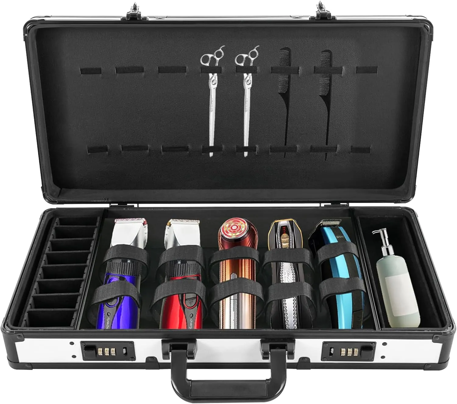 Professional Barber Carrying Case with Code Lock, Hairdresser Tool Box Organizer Traveling Case, Portable Travel Barber Suitcase for Hair Stylist Pet Groomer Beauty Salon Makeup Artist (white black)