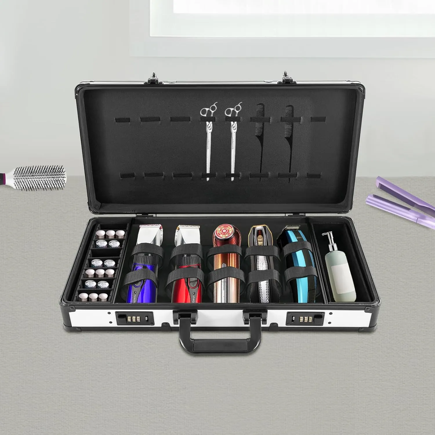 Professional Barber Carrying Case with Code Lock, Hairdresser Tool Box Organizer Traveling Case, Portable Travel Barber Suitcase for Hair Stylist Pet Groomer Beauty Salon Makeup Artist (white black)