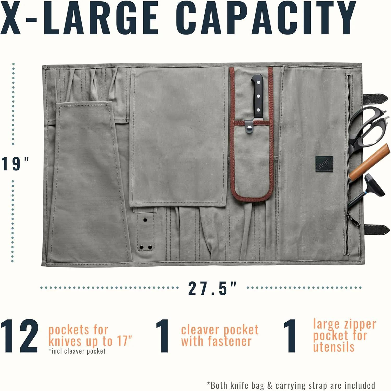 Professional Chef Knife Roll Bag - 12-Slot Waxed Canvas Knife Bag for Knives and Tools - Durable Water-Resistant Chef Roll - Essential Travel Knife Bags for Chefs and Culinary Enthusiasts
