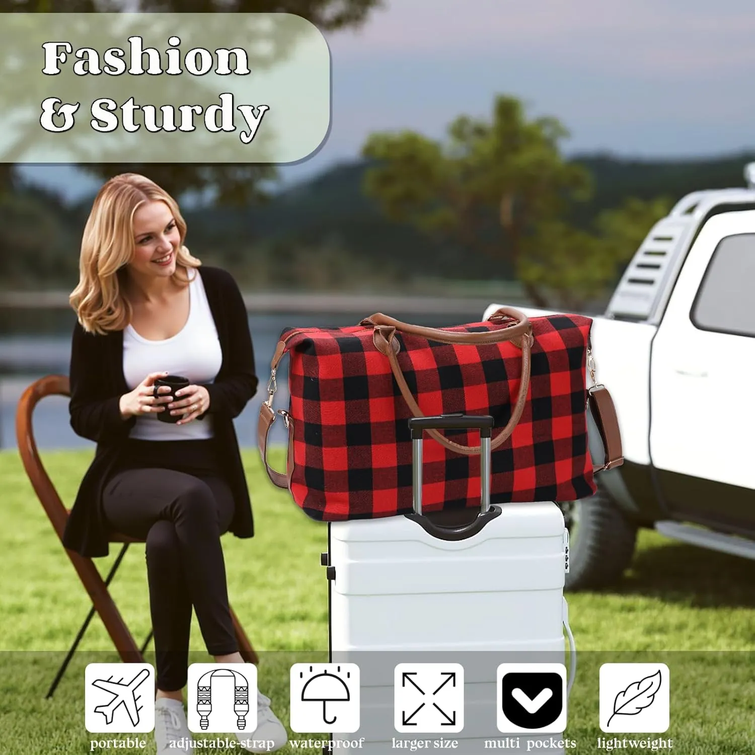 Red Buffalo Plaid Duffel Bag, Stylish Weekender Bags for Travel, Checkered Pattern Overnight Bag With Shoulder Strap,Large Lightweight Western Gifts Foldable for Women