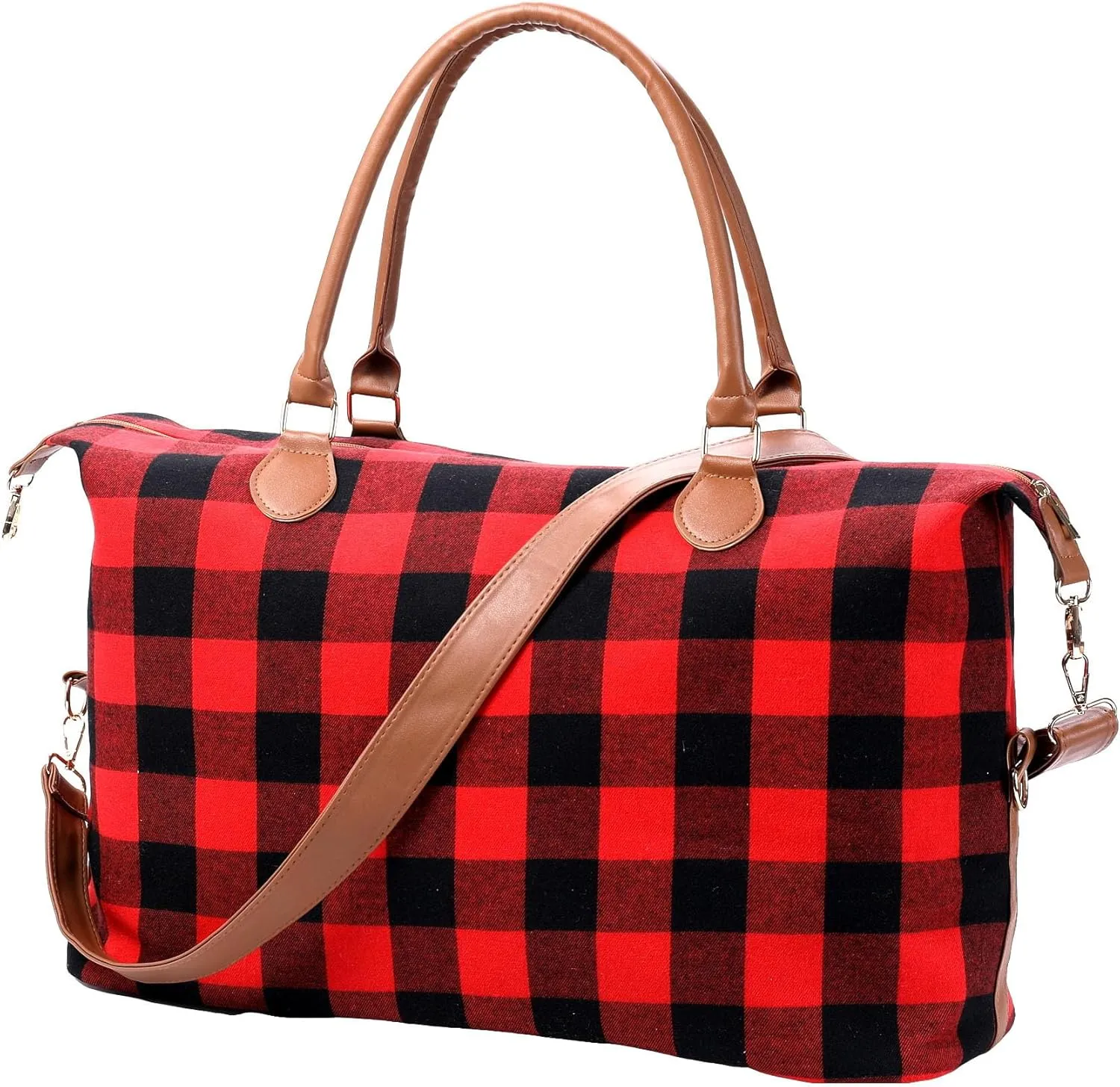 Red Buffalo Plaid Duffel Bag, Stylish Weekender Bags for Travel, Checkered Pattern Overnight Bag With Shoulder Strap,Large Lightweight Western Gifts Foldable for Women