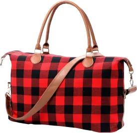 Red Buffalo Plaid Duffel Bag, Stylish Weekender Bags for Travel, Checkered Pattern Overnight Bag With Shoulder Strap,Large Lightweight Western Gifts Foldable for Women