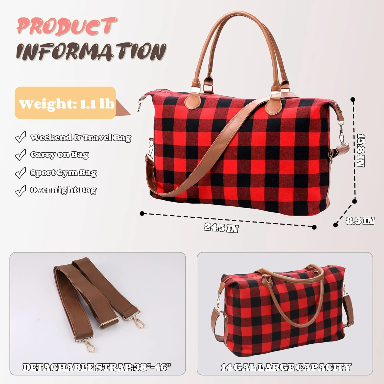Red Buffalo Plaid Duffel Bag, Stylish Weekender Bags for Travel, Checkered Pattern Overnight Bag With Shoulder Strap,Large Lightweight Western Gifts Foldable for Women