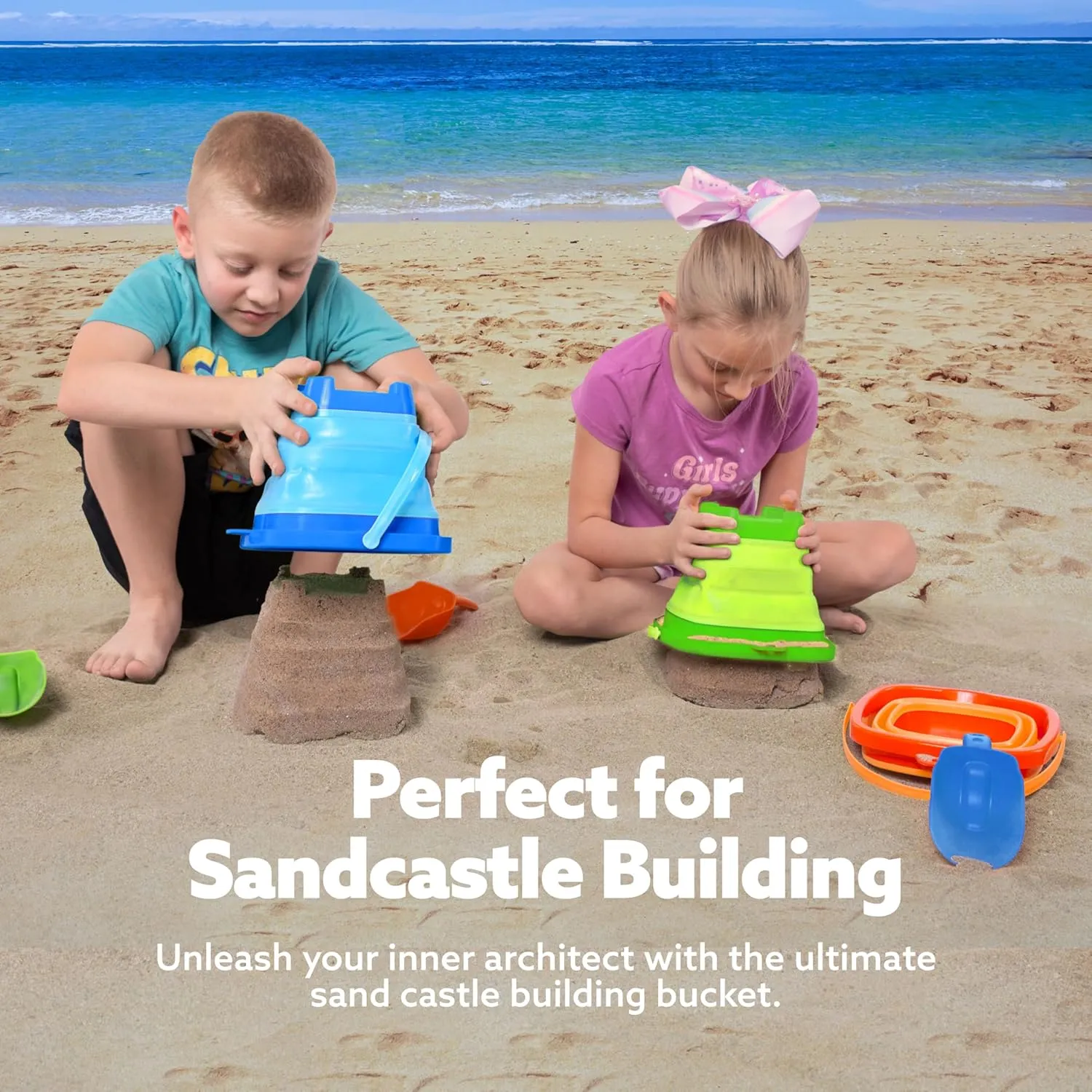Sloosh 3-Pack Collapsible Sand Toys - Square Foldable Pail Silicone Beach Water Bucket with 3 Shovels for Sandbox Play, Party in Summer Portable Toddler Kids Toys Beach Travel (Orange/Blue/Green)