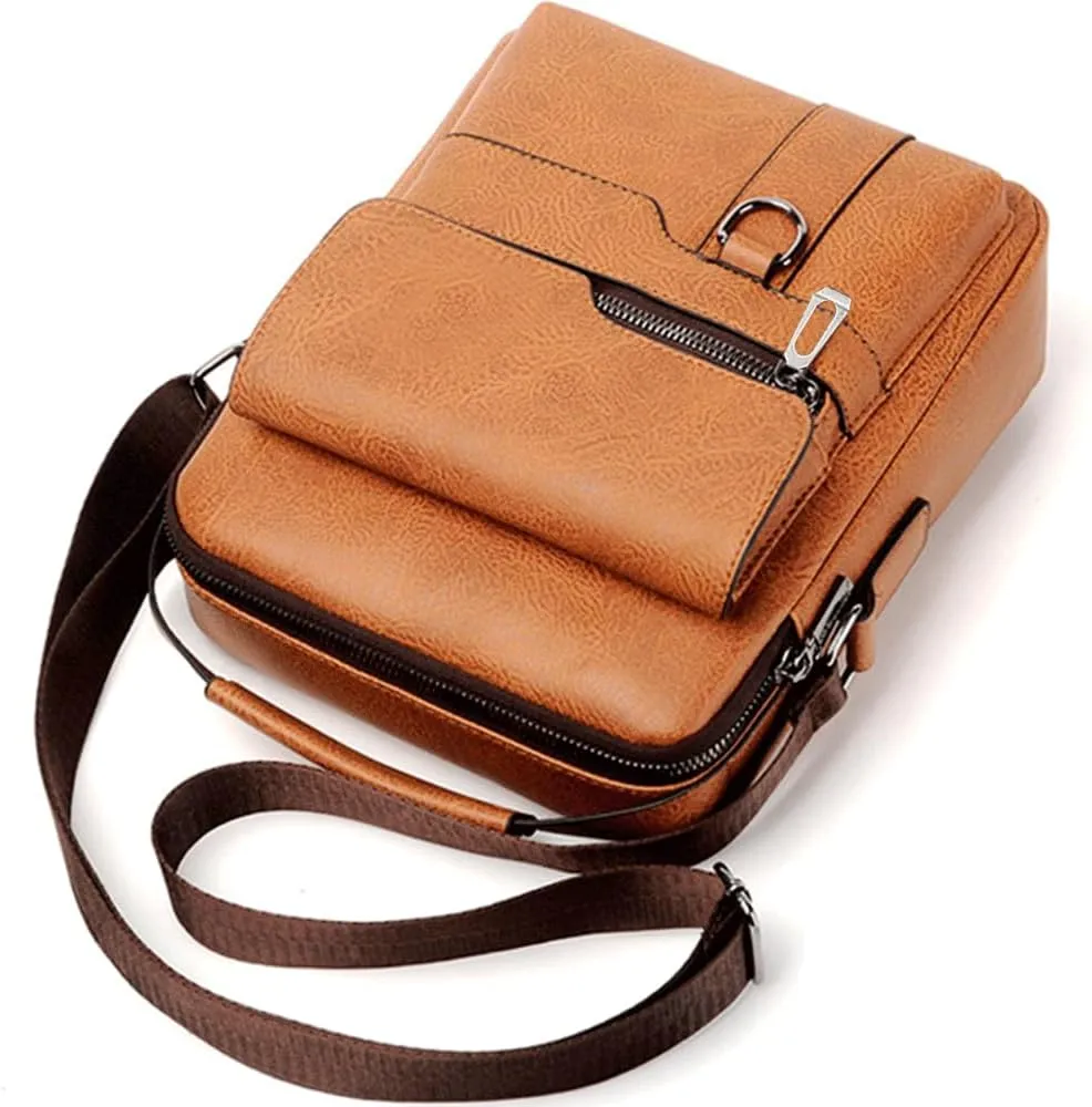Small Leather Messenger Bag Chest Bag Travel Bag, Mini Crossbody Bag Shoulder Bag for Men Women Multi Pocket Purses