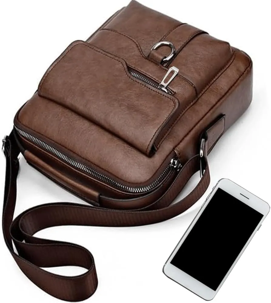 Small Leather Messenger Bag Chest Bag Travel Bag, Mini Crossbody Bag Shoulder Bag for Men Women Multi Pocket Purses