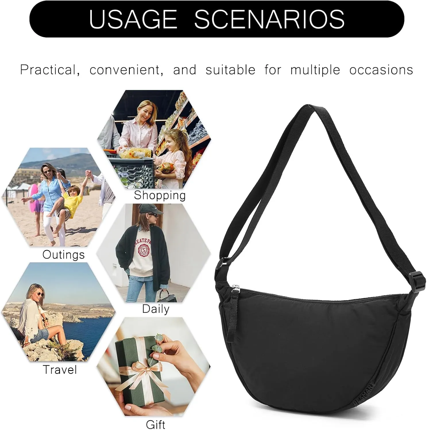 Small Nylon Crescent Crossbody Bag for Women Men Trendy, Waterproof Crescent Sling, Lightweight Travel Purses