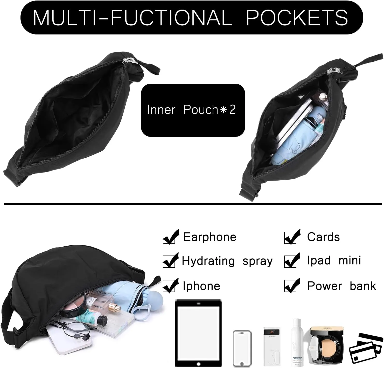Small Nylon Crescent Crossbody Bag for Women Men Trendy, Waterproof Crescent Sling, Lightweight Travel Purses