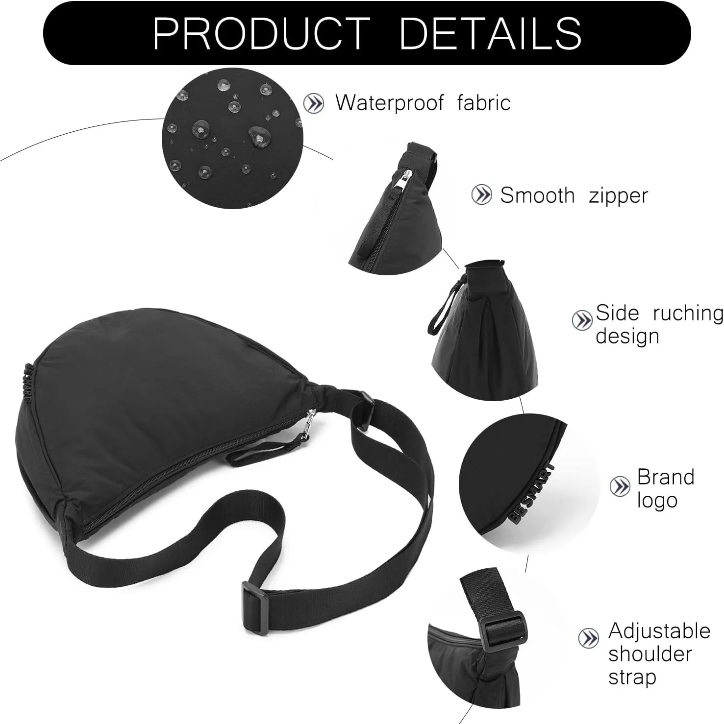 Small Nylon Crescent Crossbody Bag for Women Men Trendy, Waterproof Crescent Sling, Lightweight Travel Purses