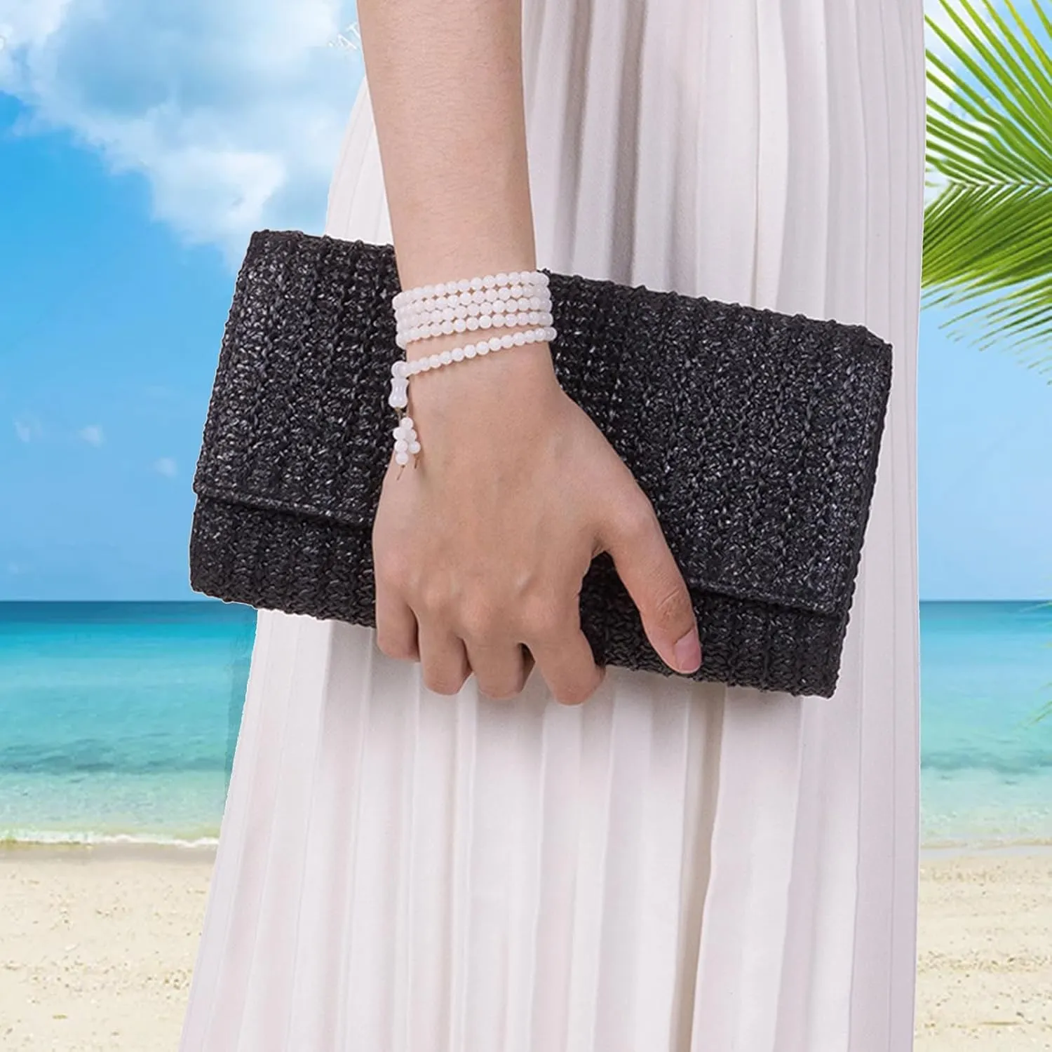 Straw Shoulder Crossbody Bag, Chain Evening Purse Envelope Clutch Handbag Summer Beach Bag