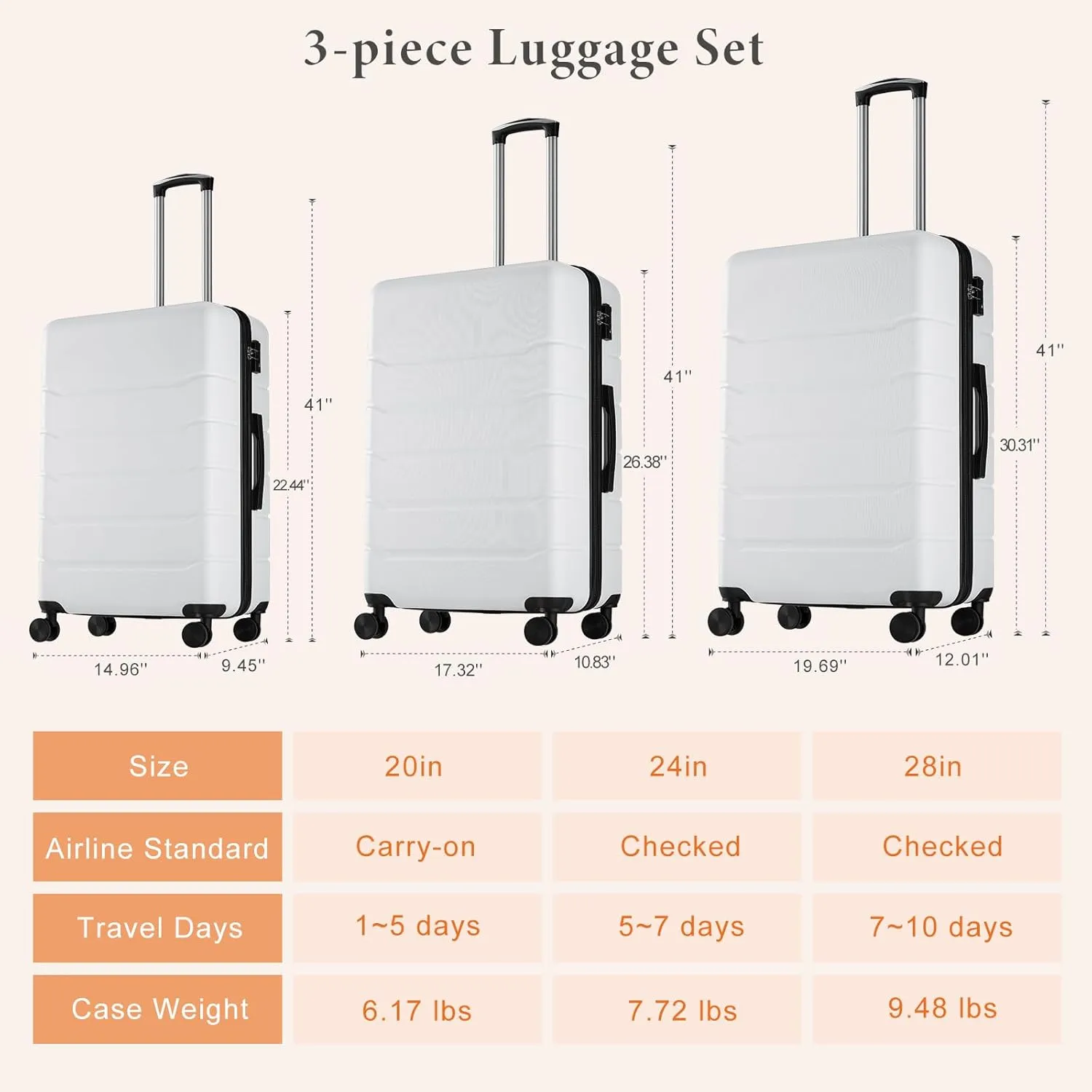 Sweetcrispy Carry on Luggage,Hard Shell Expandable Double Spinner Rolling Wheels Suitcase,TSA Lock, Cream White, 20 Inch