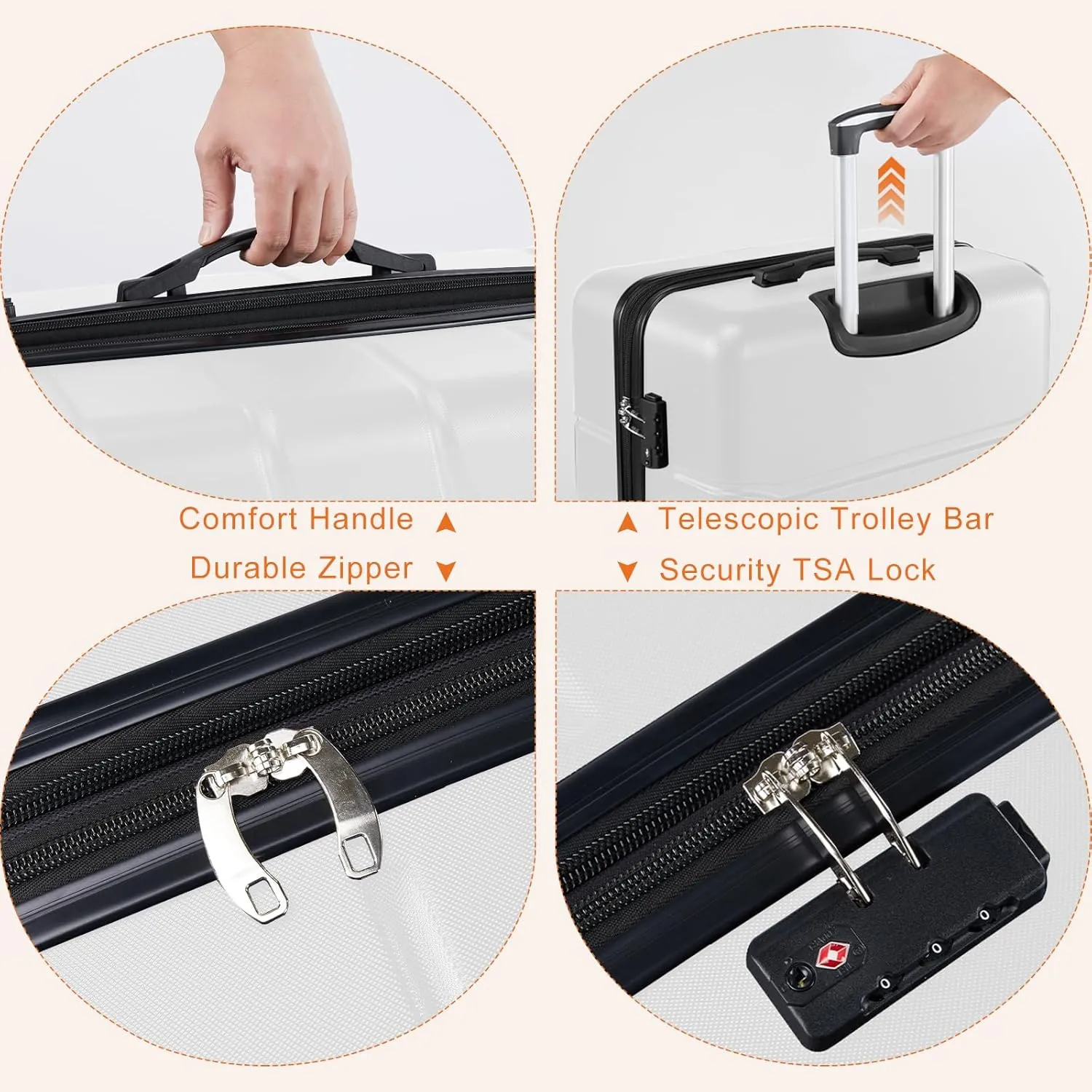 Sweetcrispy Carry on Luggage,Hard Shell Expandable Double Spinner Rolling Wheels Suitcase,TSA Lock, Cream White, 20 Inch