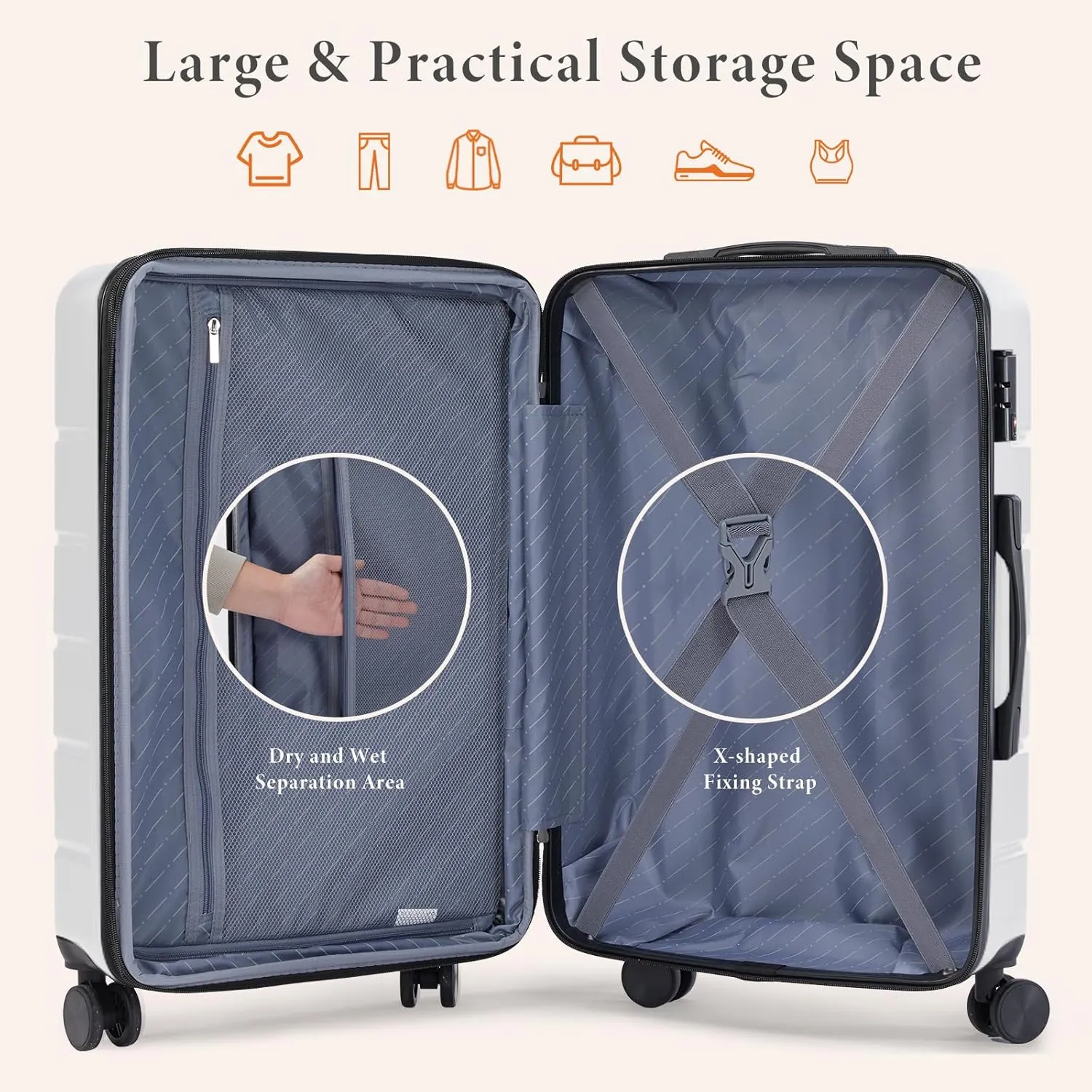 Sweetcrispy Carry on Luggage,Hard Shell Expandable Double Spinner Rolling Wheels Suitcase,TSA Lock, Cream White, 20 Inch