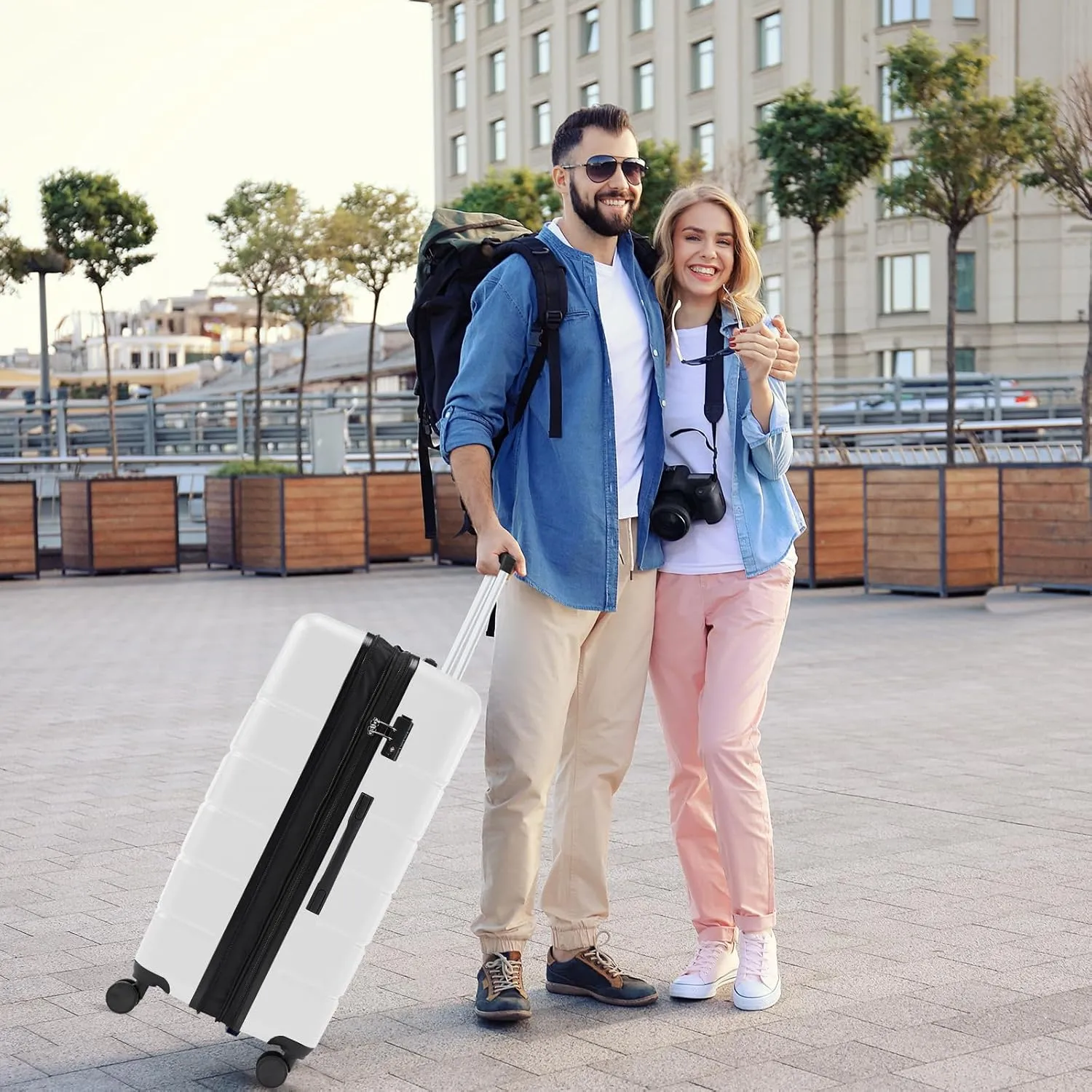 Sweetcrispy Carry on Luggage,Hard Shell Expandable Double Spinner Rolling Wheels Suitcase,TSA Lock, Cream White, 20 Inch