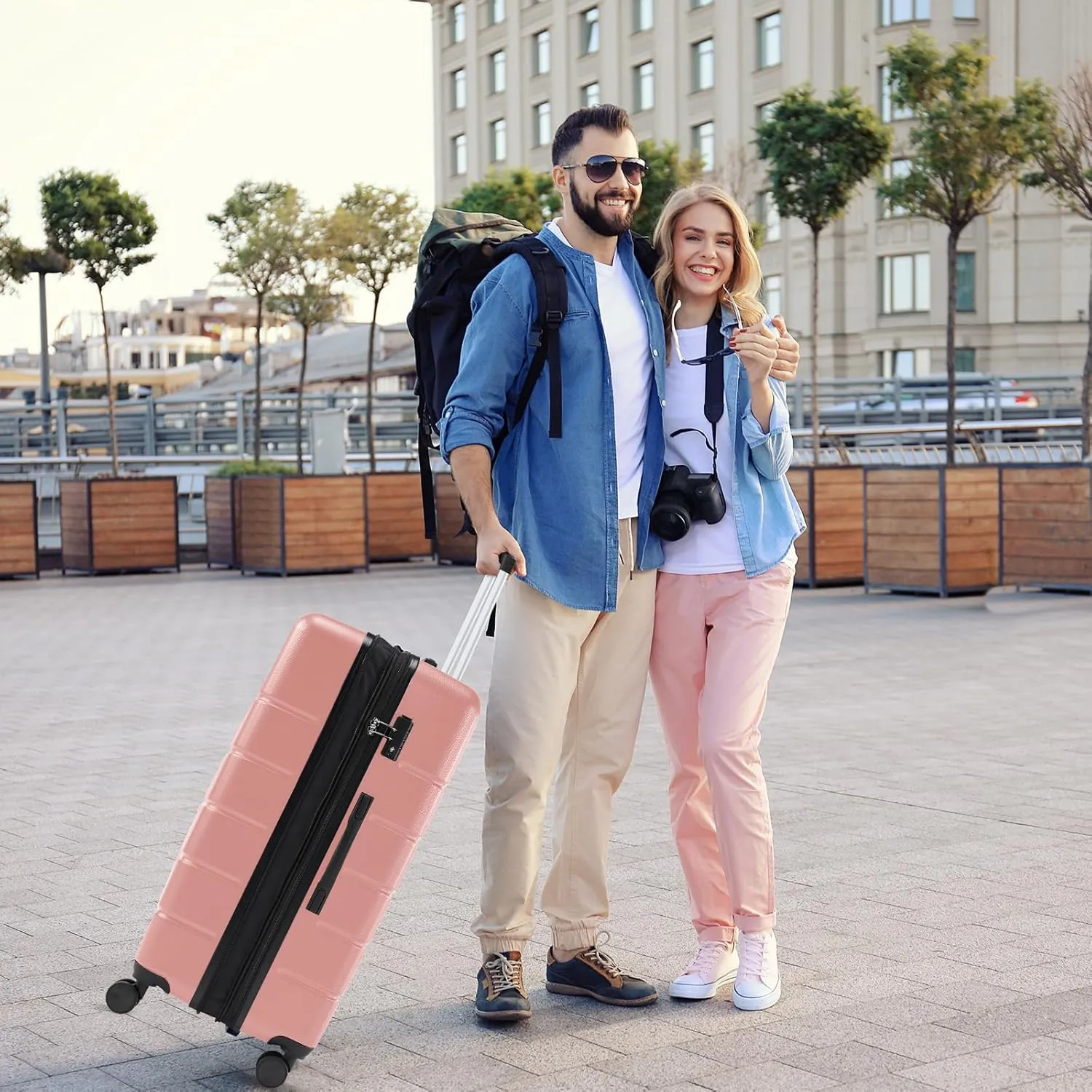 Sweetcrispy Carry on Luggage,Hard Shell Expandable Double Spinner Rolling Wheels Suitcase,TSA Lock, Light Pink, 20 Inch