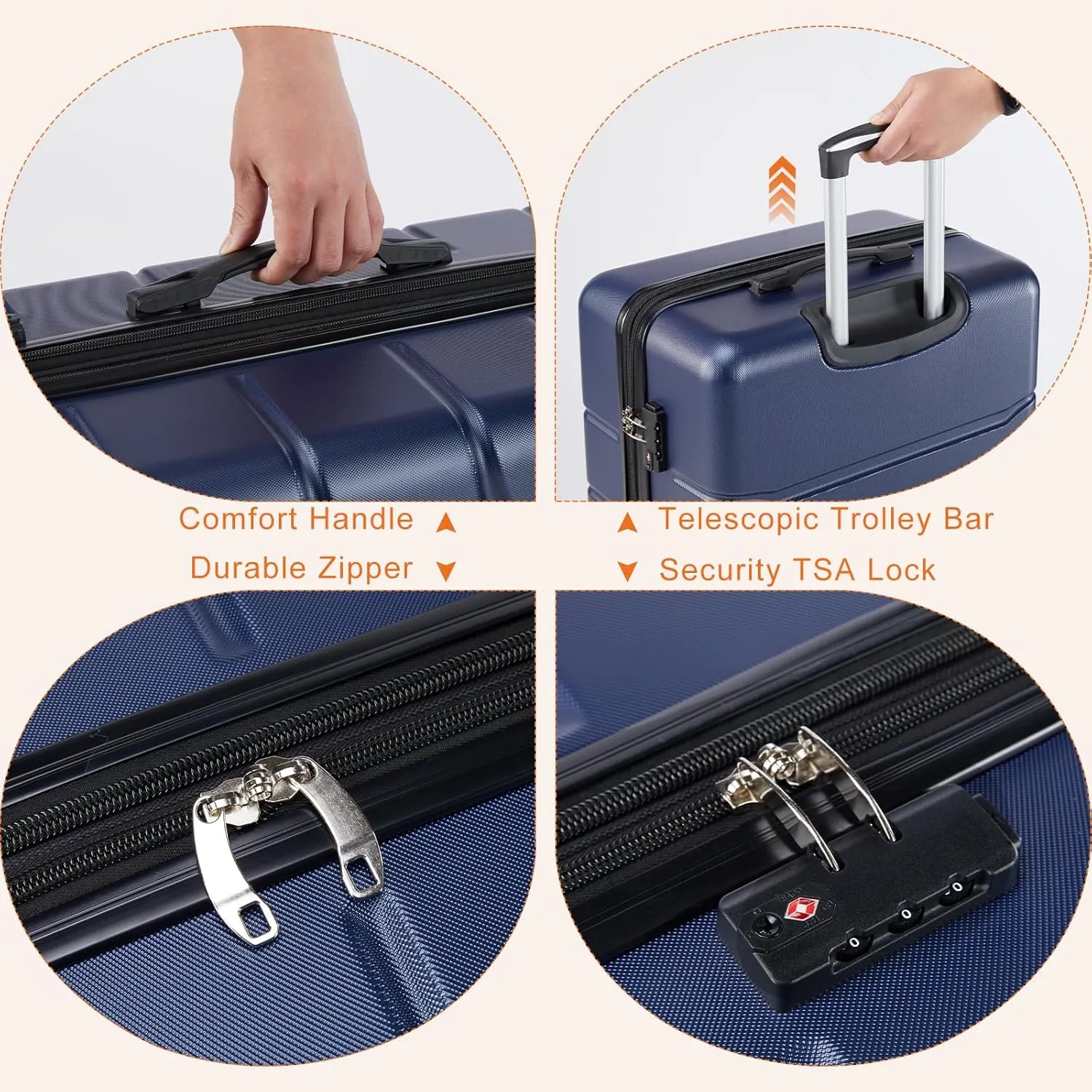 Sweetcrispy Carry on Luggage,Hard Shell Expandable Double Spinner Rolling Wheels Suitcase,TSA Lock, Navy Blue, 20 Inch