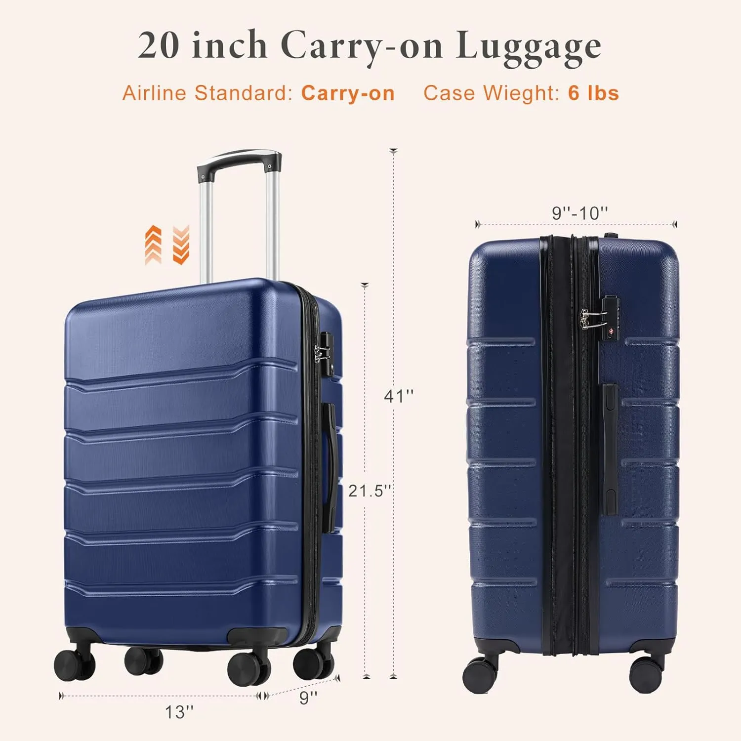 Sweetcrispy Carry on Luggage,Hard Shell Expandable Double Spinner Rolling Wheels Suitcase,TSA Lock, Navy Blue, 20 Inch