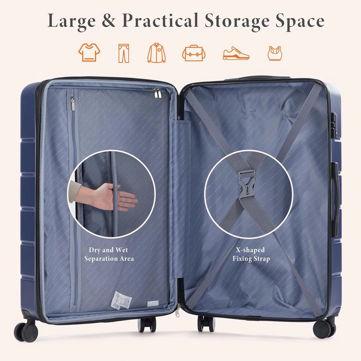 Sweetcrispy Carry on Luggage,Hard Shell Expandable Double Spinner Rolling Wheels Suitcase,TSA Lock, Navy Blue, 20 Inch