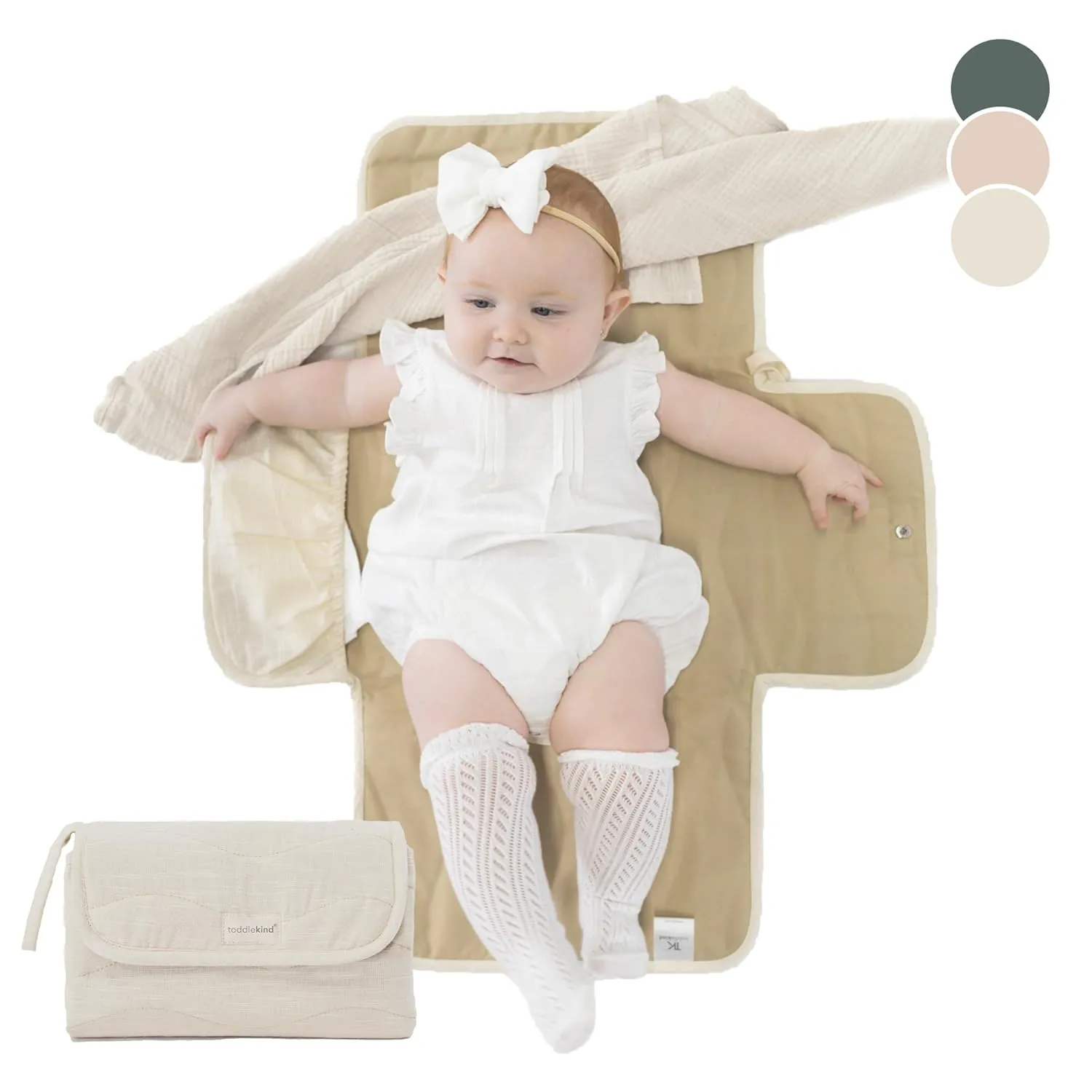 Toddlekind Mini Maven Portable Changing Pad  Organic Cotton & Water-Resistant Polyester  Travel-Friendly, Foldable Change Mat  Tofu Beige Stripes with Wave Stitching  Chic, Durable, Easy to Clean