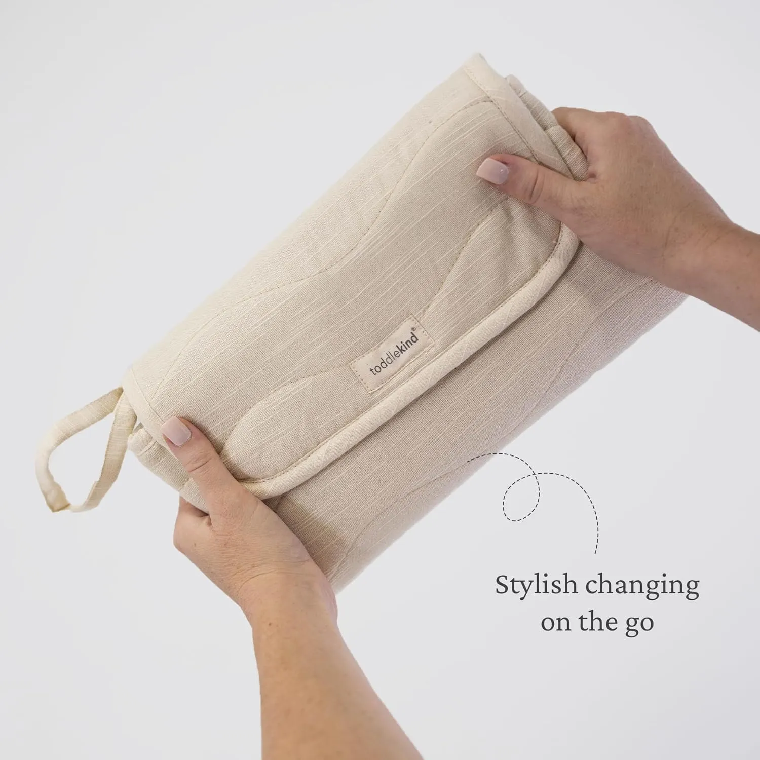 Toddlekind Mini Maven Portable Changing Pad  Organic Cotton & Water-Resistant Polyester  Travel-Friendly, Foldable Change Mat  Tofu Beige Stripes with Wave Stitching  Chic, Durable, Easy to Clean