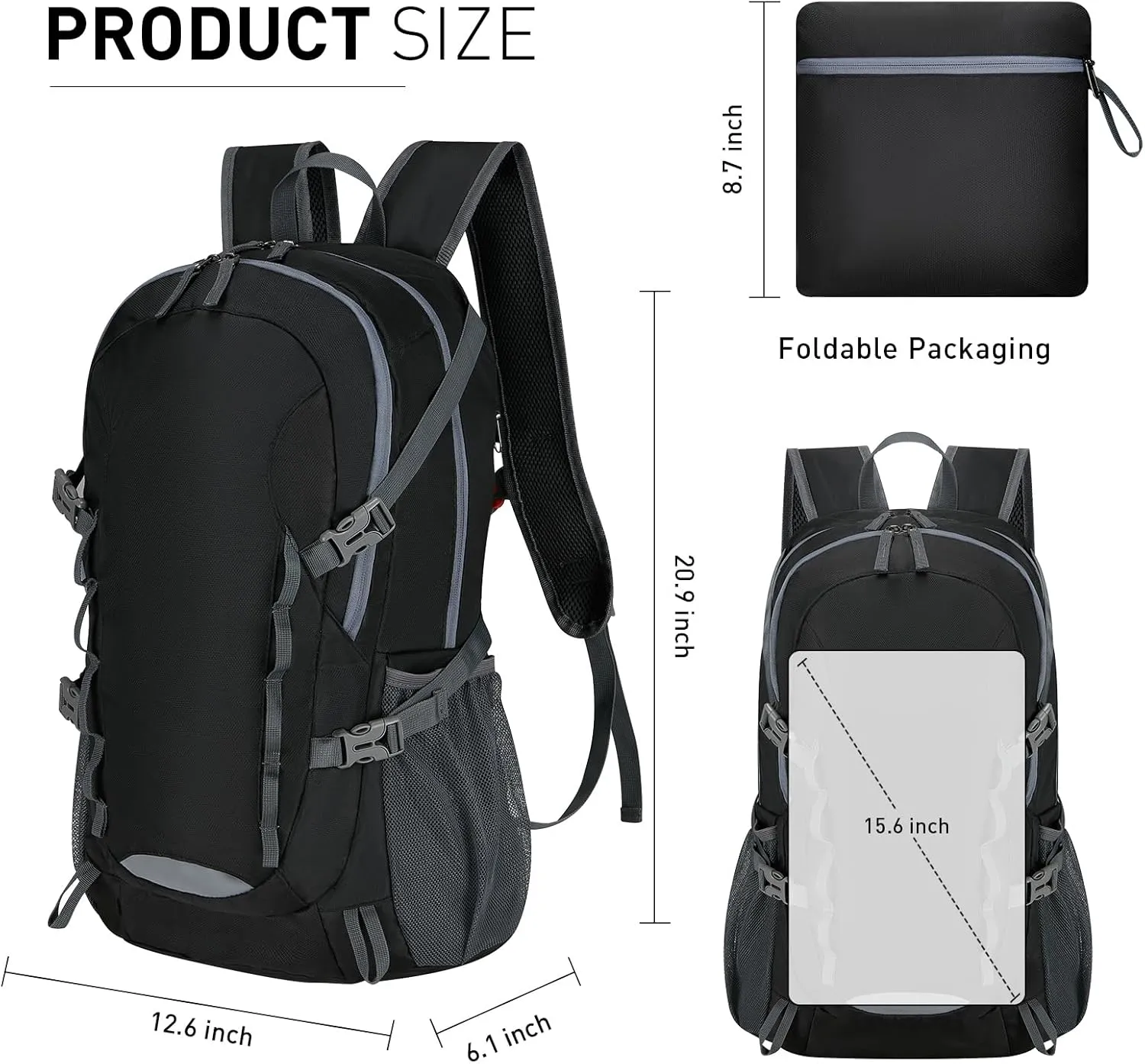 Travel Hiking Backpack 40L Ultra Lightweight Camping Packable for Men Women Water Resistant Portable DaypackBlack
