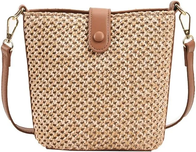 Ulisty Women Small Faux Straw Bag Mini Woven Bucket Bag Summer Beach Bag Fashion Crossbody Bag Shoulder Bag Handbag