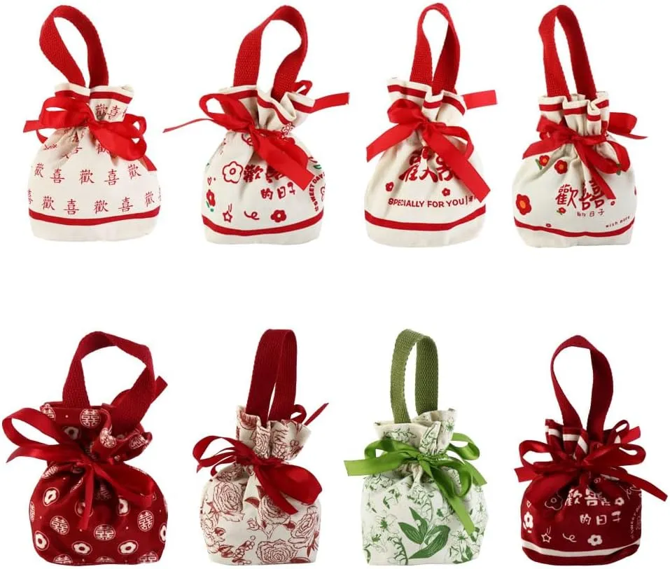 Vctitil 8pcs Bow Handbag Holiday Candy Bag Fashionable Storage Bag Portable Bucket Bag Canvas Drawstring Bag(Multicolor)