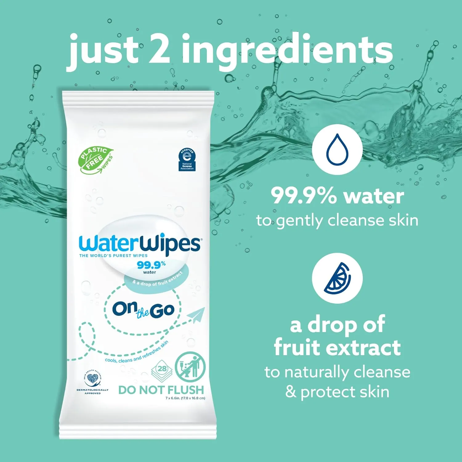WaterWipes On The Go Wipes, 99.9% Water-Based Wipes for Travel, Sports, and to Refresh Skin, Unscented & Hypoallergenic, 224 Count (8 Packs)
