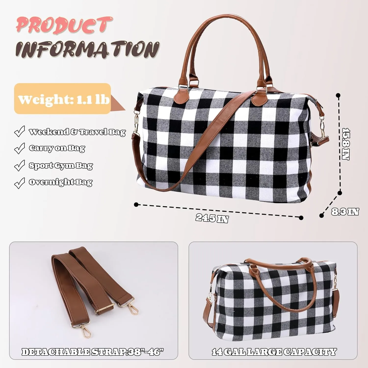 White Buffalo Plaid Duffel Bag, Stylish Weekender Bags for Travel, Checkered Pattern Overnight Bag With Shoulder Strap,Large Lightweight Hospital Bag Foldable Western Gifts for Women