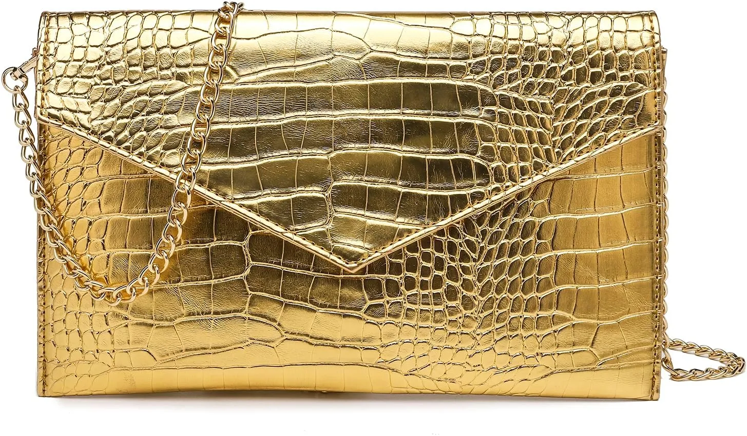 Women Envelope Clutch Purse Handbag, Metallic Leather Crossbody Shoulder Foldover Evening Bag Formal Wedding Party