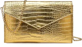 Women Envelope Clutch Purse Handbag, Metallic Leather Crossbody Shoulder Foldover Evening Bag Formal Wedding Party