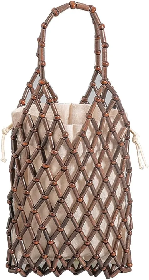 Women Mini Tote Bag Handmade Woven Bucket Bag Drawstring Handbag Summer Beach Bag Bohemian Clutch Bag Top-handle Bag