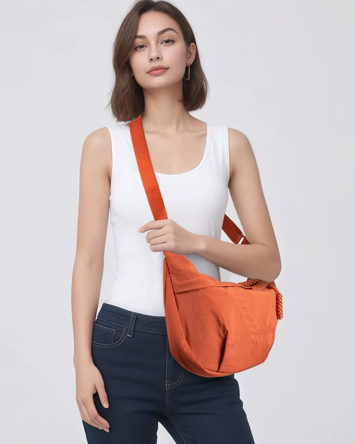 Women's Nylon Hobo Crescent Crossbody Bag, Multi-Pocket Sling Bag, Half Moon Shoulder Purse