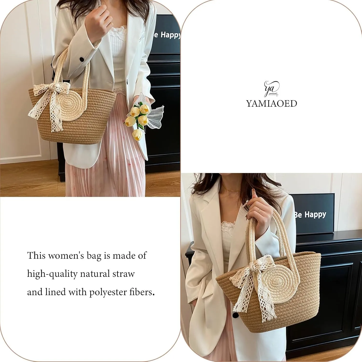 Women's Straw Beach Top HandleTote Bag Ideal Summer Top Handle Vintage Shoulder Handbag
