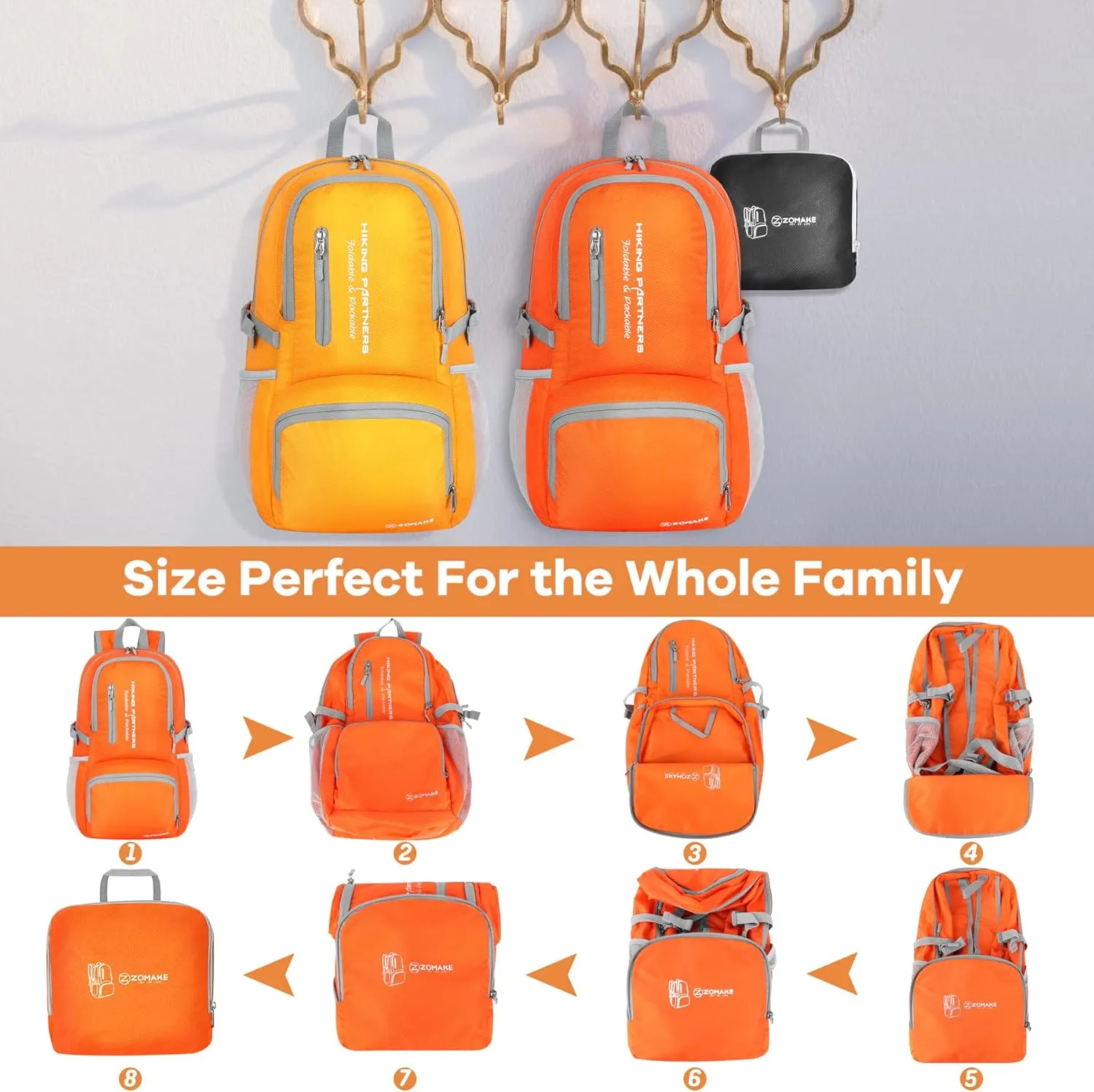 ZOMAKE Lightweight Packable Backpack, 35L Light Foldable Hiking Backpacks Water Resistant Collapsible Daypack for Travel(Orange)